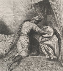 Megfojtja: 13. lemez az Othello Act 5 2. jelenetéből, 1844-ben metszett, 1900-ban újranyomva. alkotó: Théodore Chassériau