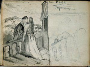 Les lovers Romeo et Juliet Illusztráció William Shakespeare (1564-1616) azonos című darabjáról, amely az erkélyen csókolózó szerelmeseket ábrázol. Theodore Chasseria (1819-1856) Párizs vázlata. Louvre múzeum alkotó: Théodore Chassériau