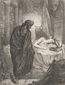 Mégis meg kell halnia: 11. lemez az Othello Act 5 2. jelenetéből, 1844-ben metszett, újranyomva 1900-ban. alkotó: Théodore Chassériau