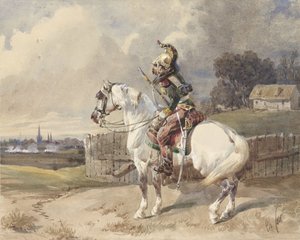 Francia dragonyos fehér lovon, balra fordulva, profilban alkotó: Théodore Fort (signed by artist)