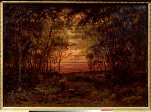 Naplemente az erdőben Theodore Rousseau festménye (1812-1867) 19. századi Barbizon iskola. Homályos. 0,46x0,62 m. Olajfestmény. .
