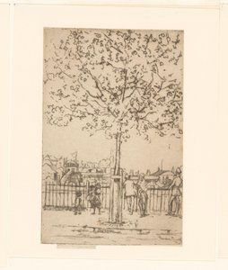 Hat alak a kerítésnél a folyó mentén, az előtérben egy fa Chelsea Embankment, 1889. június, 17:00 alkotó: Théodore Roussel (signed by artist)