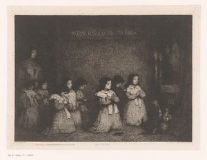 Lányok csoportja imában Mária szobra előtt La Priere (cím a tárgyon) Eaux-Fortes Modernes: Originales et Inédites (sorozat címe)