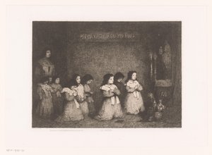 Lányok csoportja imában Mária szobra előtt La Priere (cím a tárgyon) Eaux-Fortes Modernes: Originales et Inédites (sorozat címe)