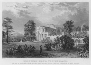 Brougham Hall, Westmorland, Henry Brougham, Brougham és Vaux báró, Nagy-Britannia főkancellárjának székhelye (metszet) alkotó: Thomas (after) Allom