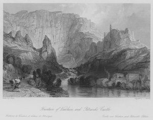 Vaucluse szökőkútja és Petrarka kastélya (metszet) alkotó: Thomas (after) Allom