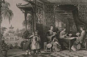 Mandarin család hölgyei a kártyákon, George Newenham Wright (kb. 1790-1877) „China in a Series of Views” című művéből, 1843 (metszet) alkotó: Thomas (after) Allom