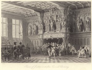 Igazságügyi Palota, finom faragott kéménnyel, Bruges (metszet) alkotó: Thomas (after) Allom