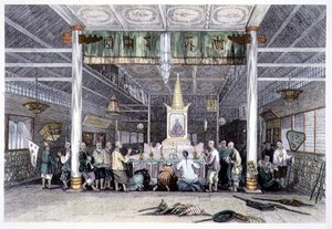 Buddha temploma, Kanton, George Newenham Wright (kb. 1790-1877) „Kína a nézetek sorozatában” című filmből, 1843 (színes metszet) alkotó: Thomas (after) Allom