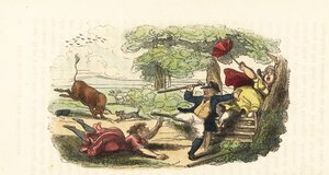 Egy botanikus családot megtámadt egy rohamozó bika a mezőn. ,1831 (metszet) alkotó: Thomas (after) Rowlandson