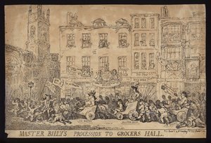 Billy mester menete a Grocers Hallba; Politikai szatíra fiatalabb William Pitt felvonulásáról a Grocers Hallba, hogy megkapja a londoni City szabadságát alkotó: Thomas (after) Rowlandson