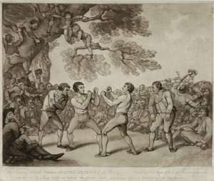 Daniel Mendoza és Richard Humphreys bokszmeccse Stiltonban, Huntingdonshire-ben, 1789. május 6., vésette Joseph Grozer (1755-99 körül) (metszet) alkotó: Thomas (after) Rowlandson
