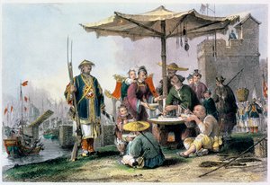 "Rízsárusok a Tong-Chang-Too katonai állomáson", Kína, 1843 alkotó: Thomas Allom