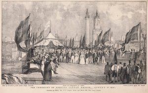 A londoni híd megnyitásának ceremóniája a háttérben a régi londoni híddal alkotó: Thomas Allom