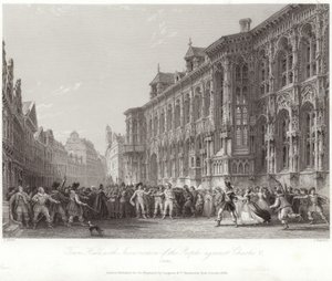 Városháza a nép felkelésével V. Károly ellen alkotó: Thomas Allom