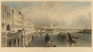 "Az angliai London látképe a Somerset House tengerészeti épületből, a Szent Pál-székesegyházzal és a London-híddal. Litográfia alkotó: Thomas Allom