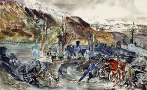Helyi szénkocsi és vonóhálós hajók, Seydisfjordur, Izland (akvarell papíron)