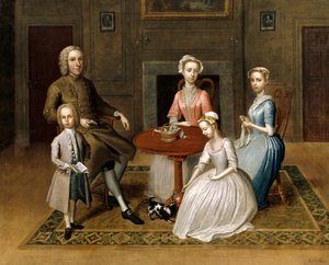 Csoportportré, valószínűleg a Brewster családról, hazai belső térben, 1736