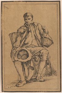 Negyven litográfiai lenyomat Thomas Barker tájképi rajzaiból, a természet utáni rusztikus figurákról szóló tanulmányaiból válogatva: [Ülő férfi kosaras kalapot és sétapálcát tartva alkotó: Thomas Barker