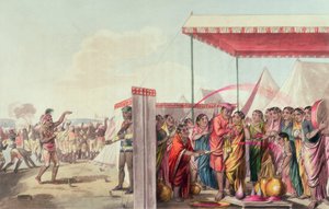 Playing the Hohlee, „A Mahratta Camp” című filmből, 1813. április 5. (színes metszet)