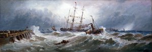 Egy francia vontatóhajó húzza a hajót Boulogne (Franciaország) kikötőjében, nehéz tengeren. Olaj, vászon