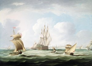 Első osztályú a White Board és más kézműves admirális alelnökével a Cadiz-öbölben (olaj, vászon) alkotó: Thomas Buttersworth