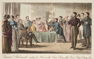 Bernard Blackmantle bohózatát olvassa a Covent Garden Színház Green Roomjában, az angol kém kocsmából. 1824 (kézzel színezett metszet)