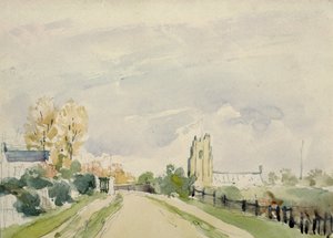 Suffolk táj, egy széles út egy kis házzal, egy templommal és fákkal