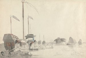 Hajók egy holland Folly Fort közelében, Kantonban alkotó: Thomas Daniell