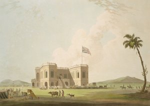 Az Assembly Rooms on the Race Ground Madras mellett, 37. tábla az „Oriental Scenery: Twenty Four Views in Hindoostan” című könyvből, Thomas és William (1769-1837) Daniell metszete, 1798. alkotó: Thomas Daniell