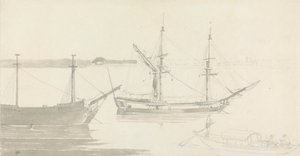 Két kikötött hajó és egy halászhajó alkotó: Thomas Daniell