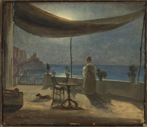 Terasz Amalfiban a Holdfényben, 1834 körül (olaj, papír a fedélzeten) alkotó: Thomas Fearnley