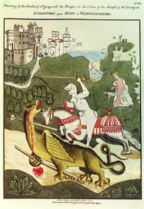 Szent György és a sárkány, egy eredeti festmény után a Stratford Upon Avon-i Szentháromság-kápolnában, Warwickshire-ben, 1804 alkotó: Thomas Fisher Hoxton