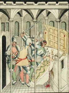 Becket Szent Tamás (1118-70 körül) meggyilkolása Canterburyben, a Stratford Upon Avon-i Szentháromság-kápolnából alkotó: Thomas Fisher Hoxton