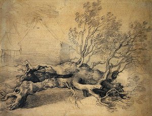 Kidőlt fa, mögötte gazdasági épületekkel (ceruza, papír) alkotó: Thomas Gainsborough
