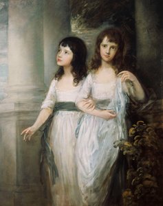 Csoportportré a Sloper kisasszonyokról, akik majdnem teljes hosszában állnak fehér ruhában, kék övvel, alkotó: Thomas Gainsborough