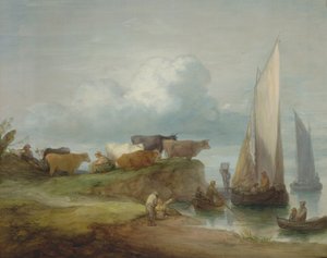 Szarvasmarhák a folyóparton vitorláshajókkal, 1780-84