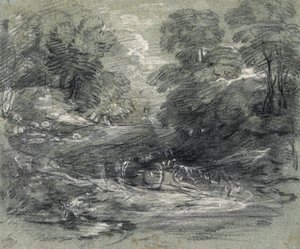 Tájkép mezőgazdasági kocsival a fák közötti kanyargós pályán (faszén és gouache papíron) alkotó: Thomas Gainsborough