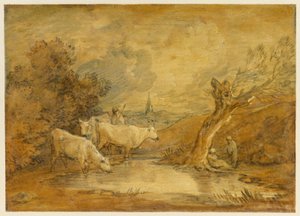 Landschaft mit Figuren, Hirte und Vieh an einem Teich, und ferne Kirche
