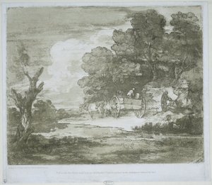 Táj lovak által vontatott szekérrel a vízparton és az erdő szélén alkotó: Thomas Gainsborough