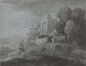 Erdős táj hídon szarvasmarhát hajtó pásztorral, rusztikus szerelmesekkel és romos várral alkotó: Thomas Gainsborough