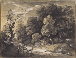 Erdős táj pásztorral és szarvasmarhával, 1775-80 körül (fekete kréta és szürkés-fekete mosdók, fehér gouache-szal kirakott papíron) alkotó: Thomas Gainsborough
