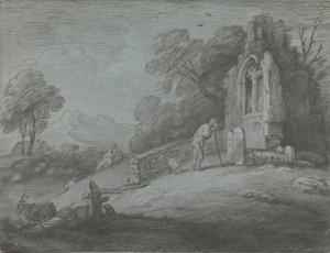 Erdős táj parasztolvasó sírkővel, rusztikus szerelmesekkel és romos templommal alkotó: Thomas Gainsborough
