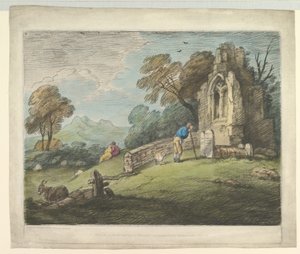 Erdős táj parasztolvasó sírkővel, rusztikus szerelmesekkel és romtemplommal, 1797. augusztus 1. alkotó: Thomas Gainsborough