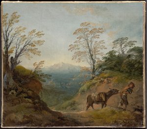 Erdei táj szamarat és kutyát vezető fiúval, valamint épületekkel és távoli dombokkal tarkított széles panorámával alkotó: Thomas Gainsborough