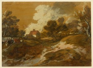 Waldlandschaft mit Hütte und Kühen