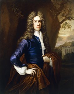 Egy 37 éves úriember portréja, háromnegyed hosszú, kék kabátban és barna köpenyben, háttérben Smith of Warwick-stílusú házzal, 1710