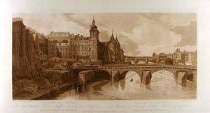 A Pont au Change, a Városi Színház, a Pont Neuf, a Conciergerie börtön és más látnivalók a Pont Notre-Dame felől alkotó: Thomas Girtin