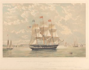 A New York és London Packet hajója, a Victoria (a New York-i kikötőbe befutó), 1839-44 körül (litográfia, színes) alkotó: Thomas Goldsworth Dutton