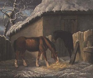 Téli tájkép két lovat etető istálló előtt (1804)